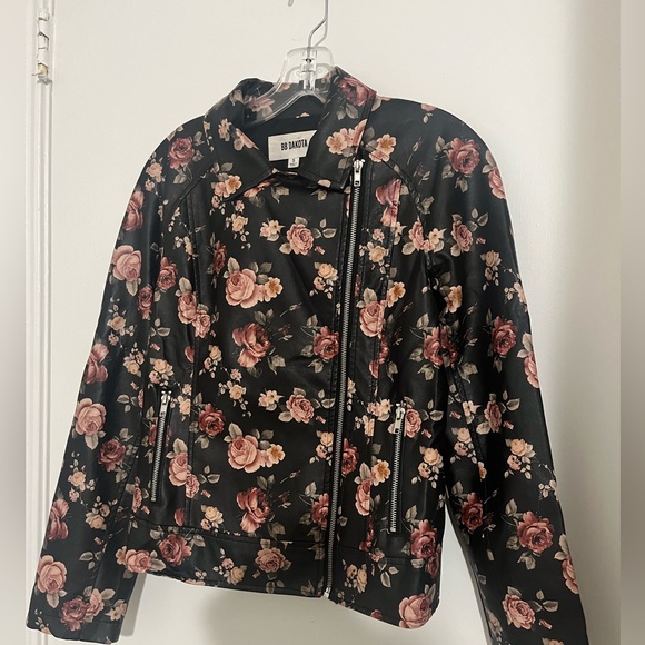 BB Dakota Black Pink Floral Rose Soft Leather Moto Jacket - Picture 11 of 13